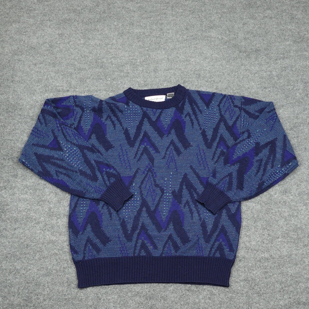 Vintage Michael Gerald Sweater Men Medium Blue Geometric Knit Retro Pullover